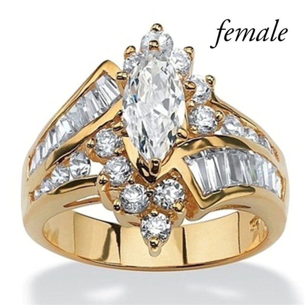 Marquise Wedding Ring, Bypass CZ Baguette Ring, Cubic Zirconia Engagement Ring